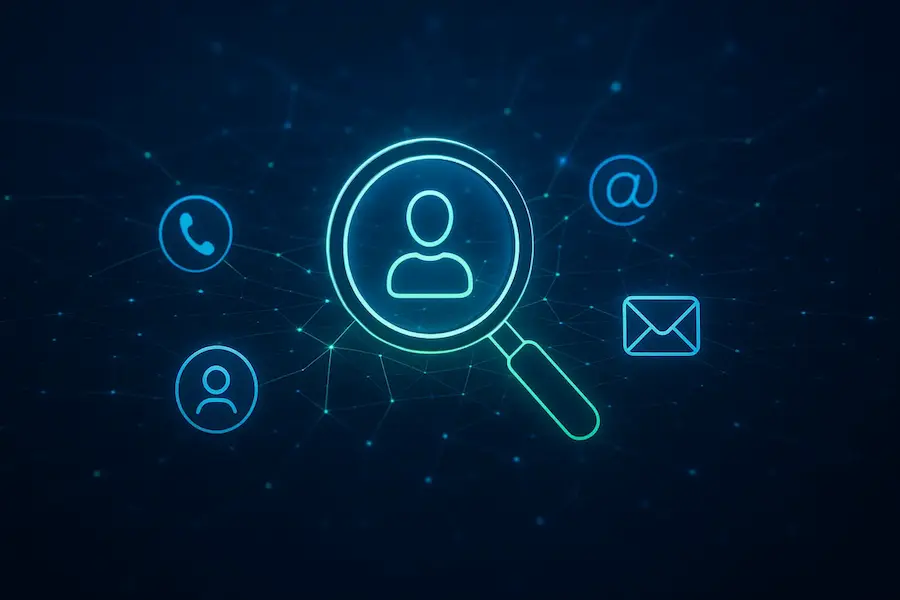 Trustiko People Search Hub: magnifying glass over a profile icon with interconnected phone, email, and social icons.