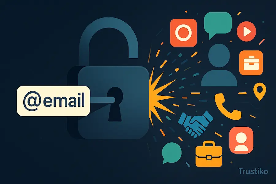 Visual representation of an email address as a key unlocking a vault of digital information, including social media icons, professional logos, and contact details.
