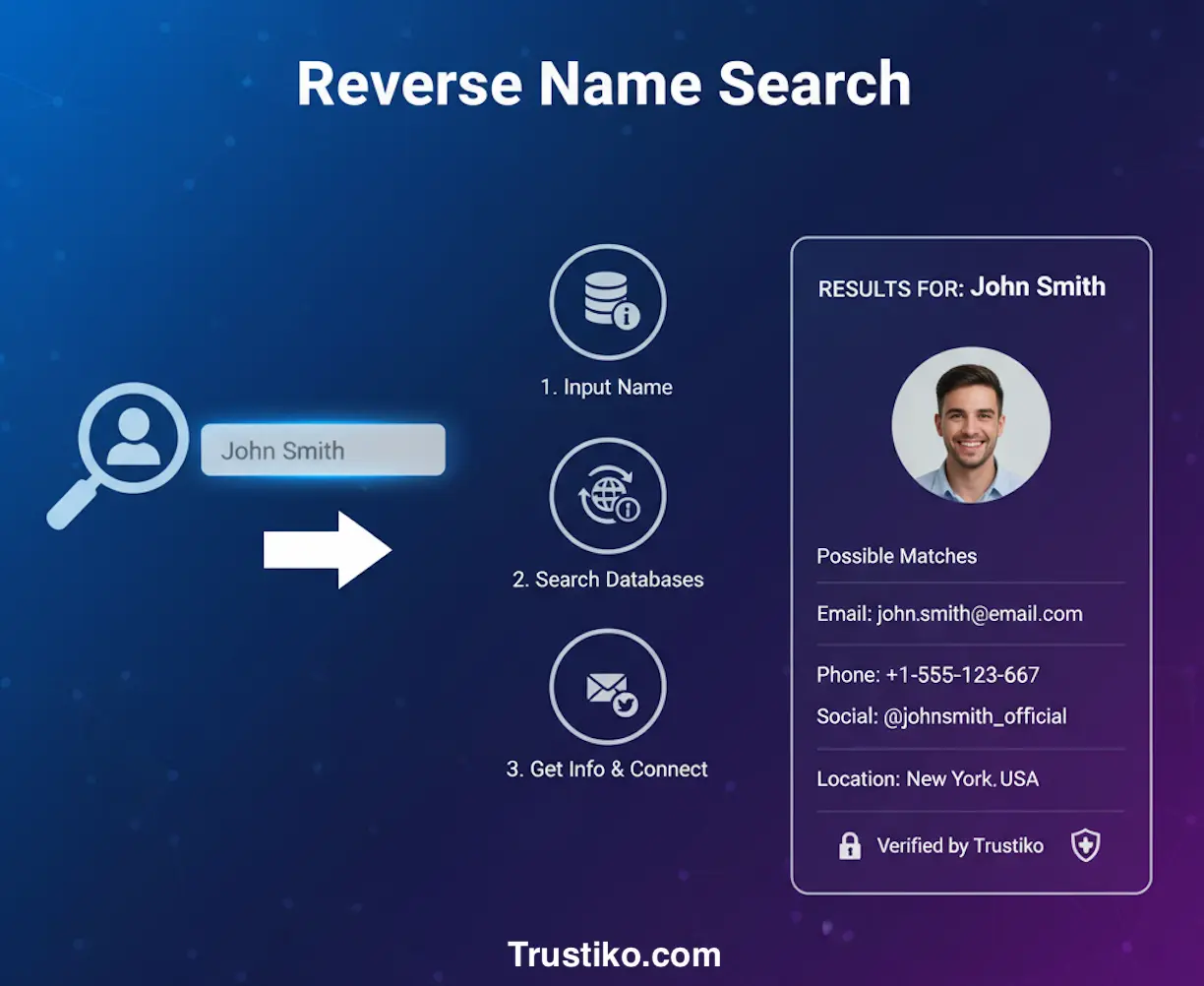 Infographic illustrating the 3-step process of a reverse name search on Trustiko, from inputting a name to viewing a profile.