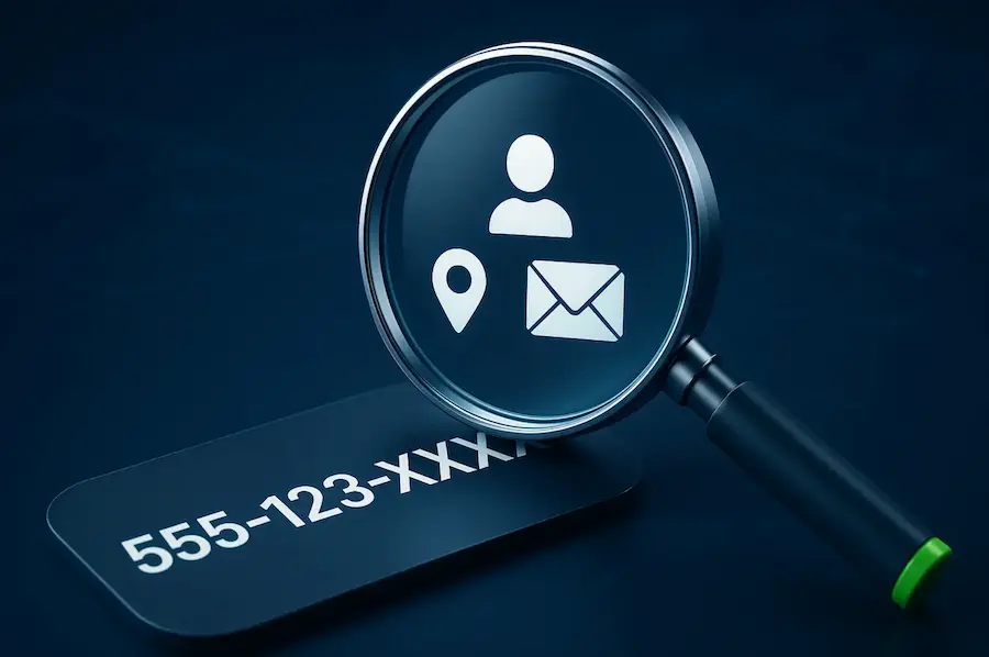 Trustiko reverse phone number lookup illustration: Magnifying glass over a phone number, revealing a profile, location, and email icon.