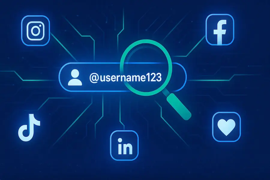 Trustiko reverse username search illustration: Magnifying glass over username bar with social media icons.