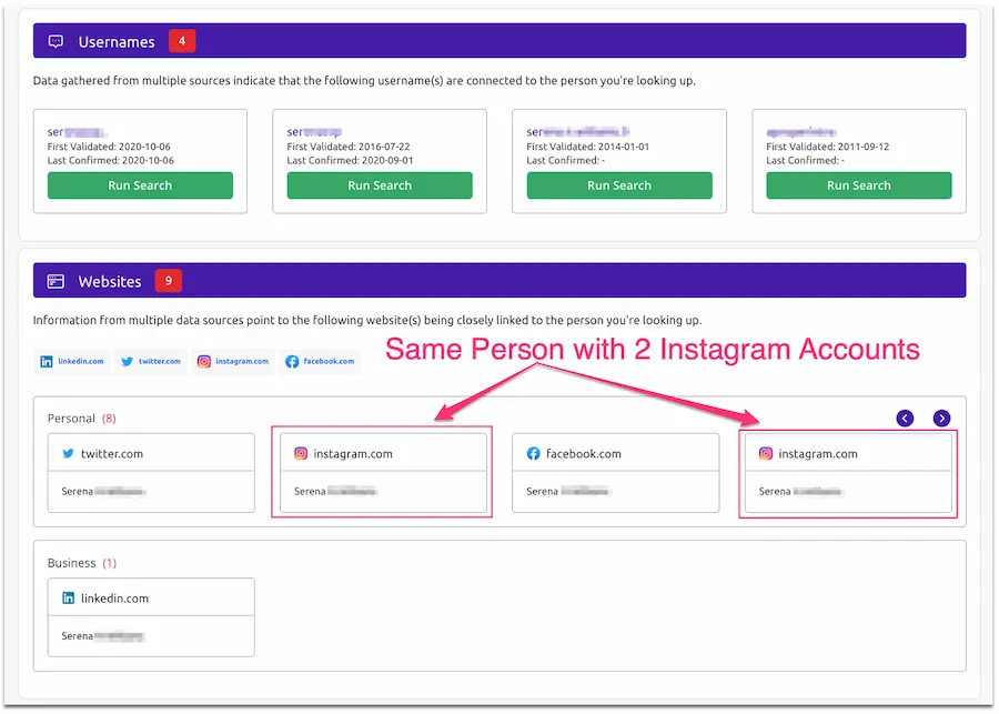 Search results showing multiple Instagram accounts linked via photo search.