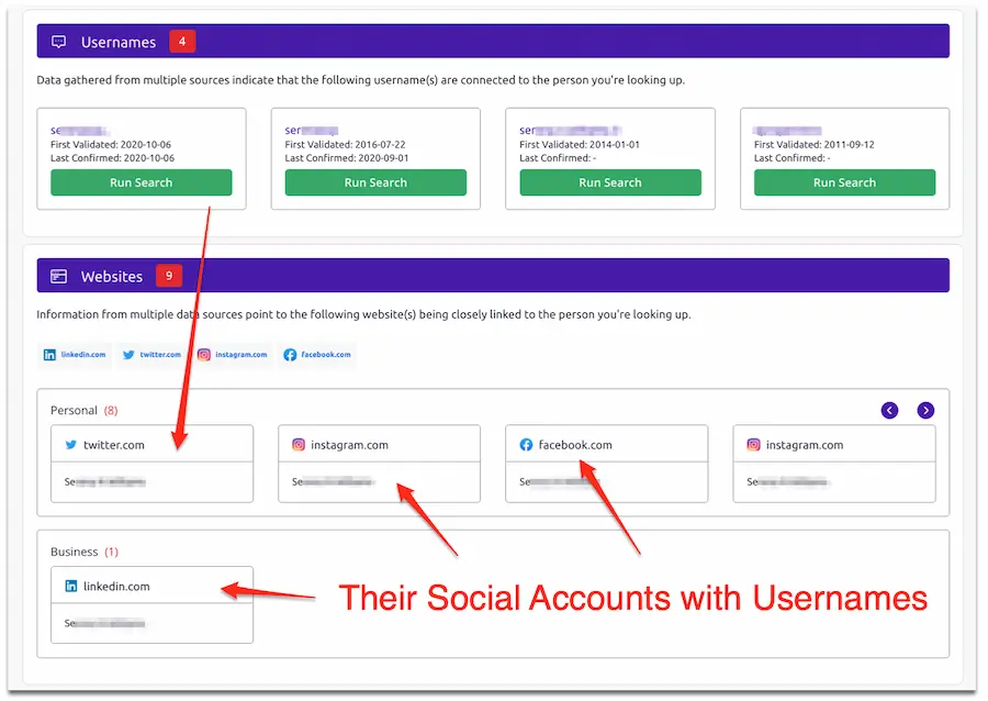 Screenshot showing search results for social accounts linked to a username.