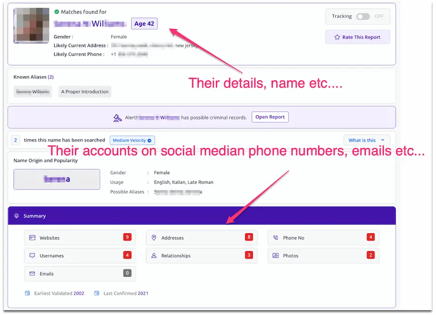 Screenshot displaying identity information including name and contact details.