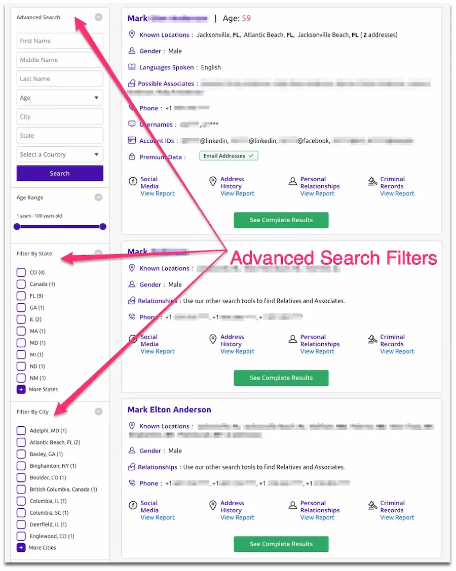 Using advanced search filters to narrow down people search results.
