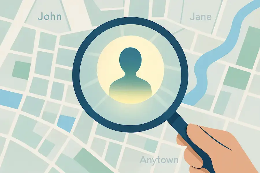 Visual representation of searching for a person using only a first name and location.