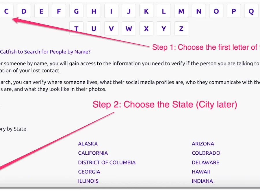 People search directory showing alphabetical links.