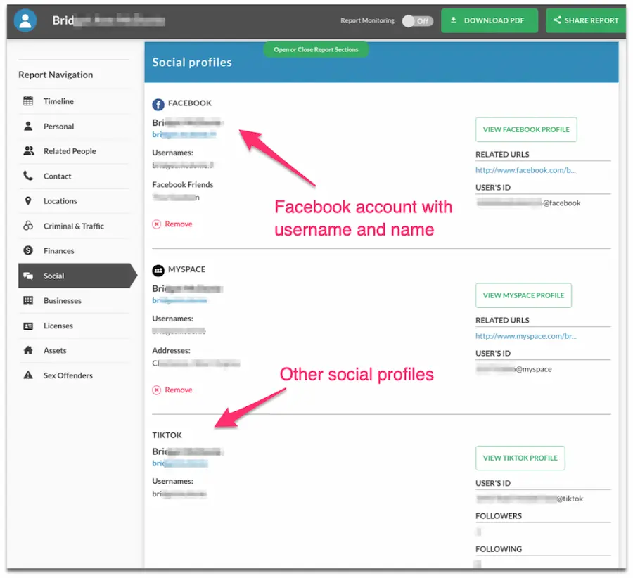 Facebook profile found in search report