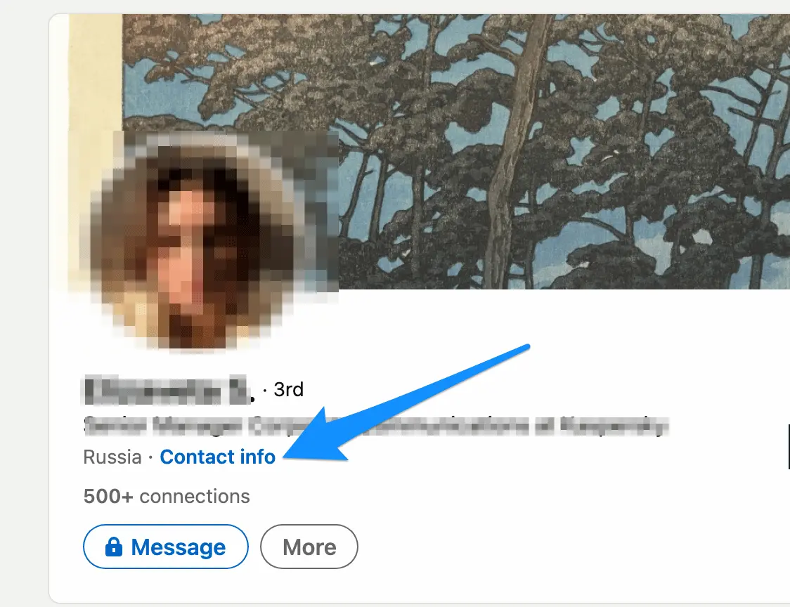Screenshot of LinkedIn profile highlighting the 'Contact info' section with phone and email details