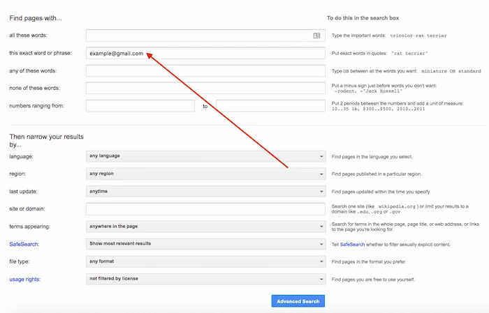 Screenshot showing Google Advanced Search form used to search for an exact phrase (email address) within a specific domain.