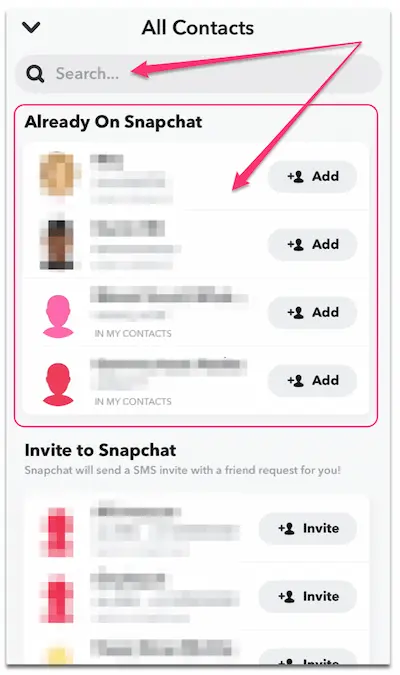 The "Already on Snapchat" tab 