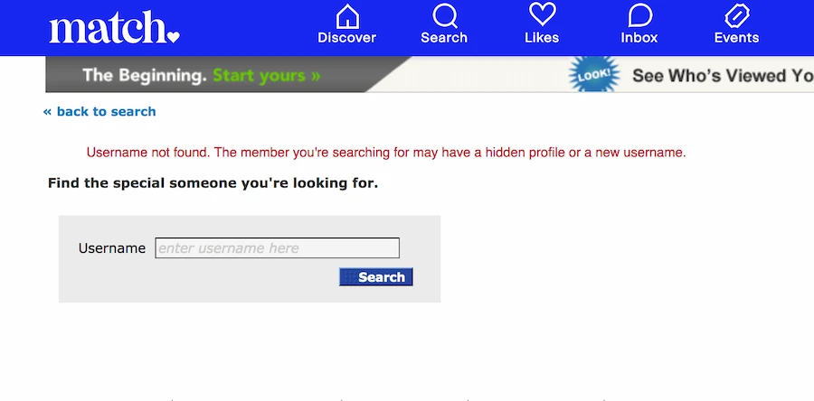 Screenshot of the Match.com username search interface and potential error message.