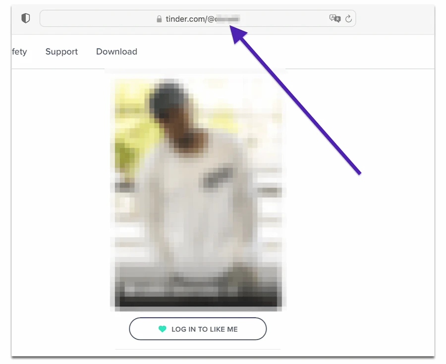 Example of how to structure a Tinder URL to search by username.