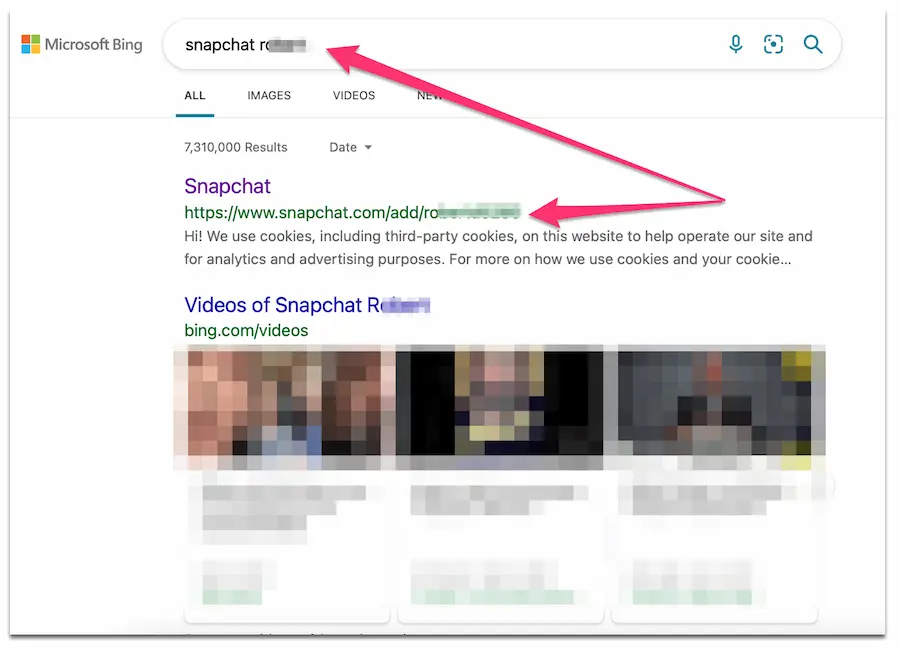 Searching Bing for a Snapchat username