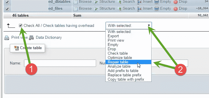 Repairing database tables