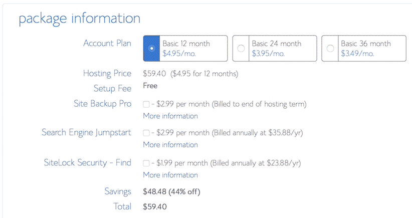 Bluehost hosting plan