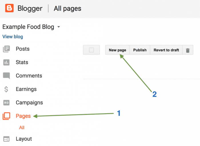 Creating the first page on Blogger