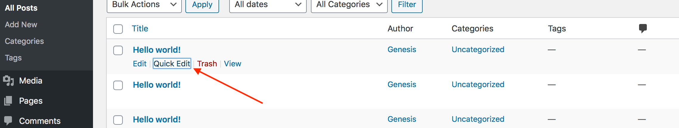 WordPress posts quick edit
