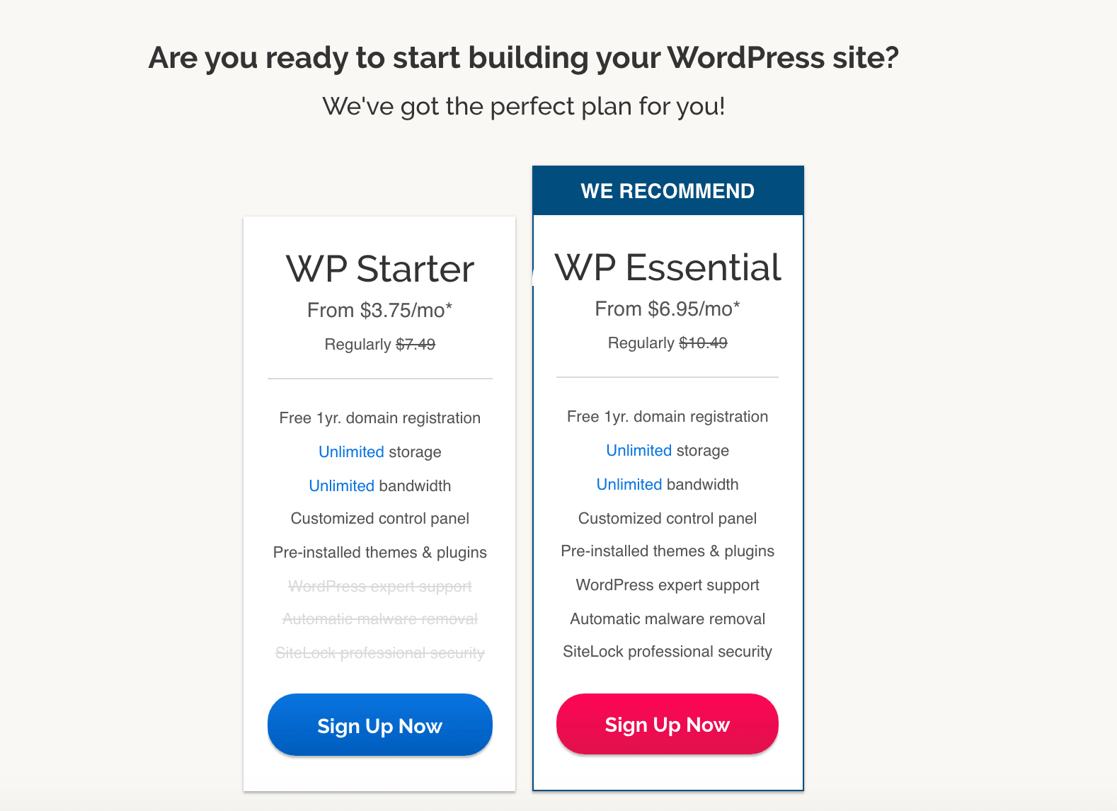 iPage WordPress hosting plans and prices