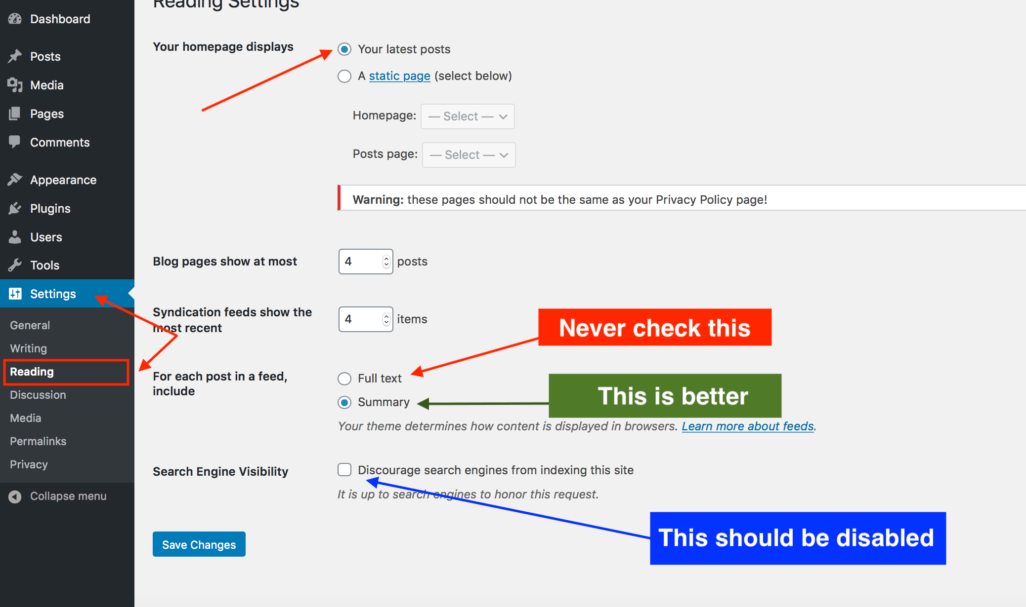 Configuring the blog "Reading" settings