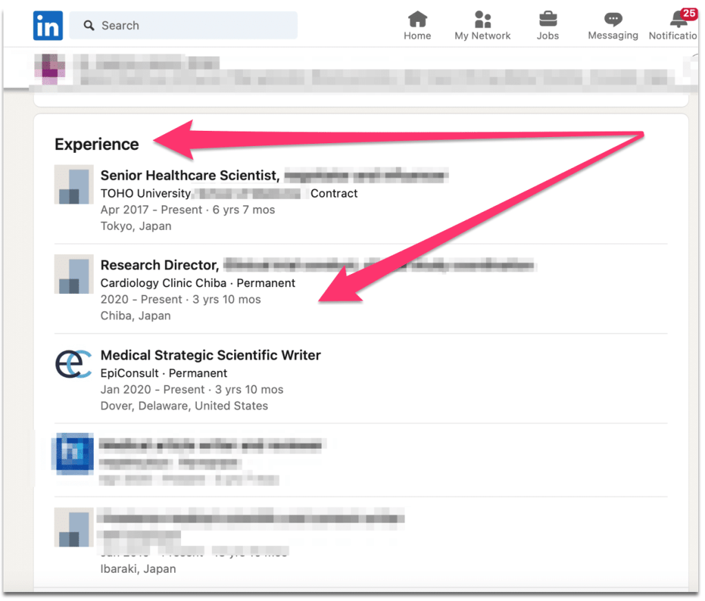The "Experience" tab on Linkedin