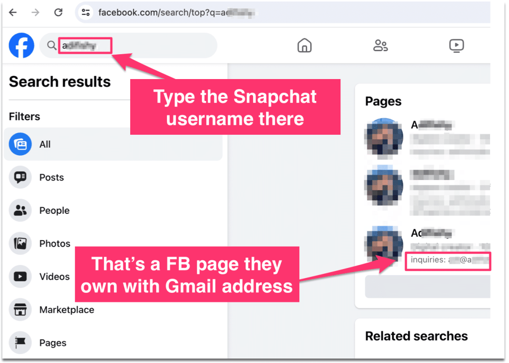 Typing a Snap username into FB search